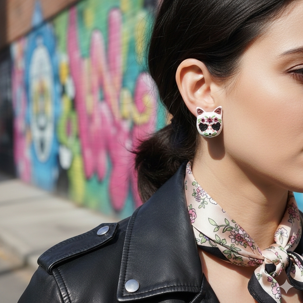 Betsey Johnson Day of the Dead Cat Sugar Skull Earrings